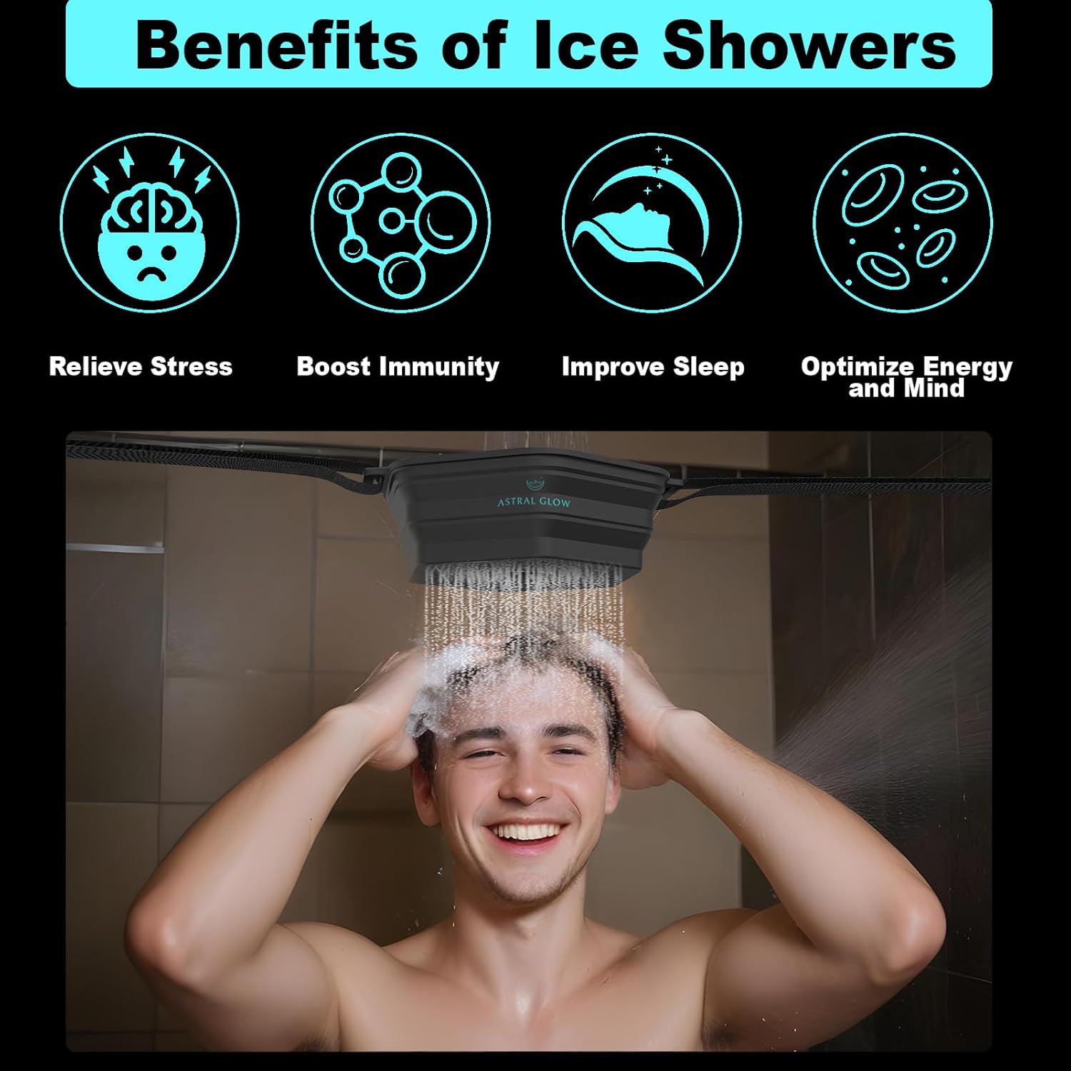 Ice Shower, Ice Plunge Tub - Cold Shower Attachment for Cryotherapy - XL Ice Cube Tray Included - Black, Instant Set-up for Convenient Ice Baths - Ice Bath Tub, Cold Shower Chiller